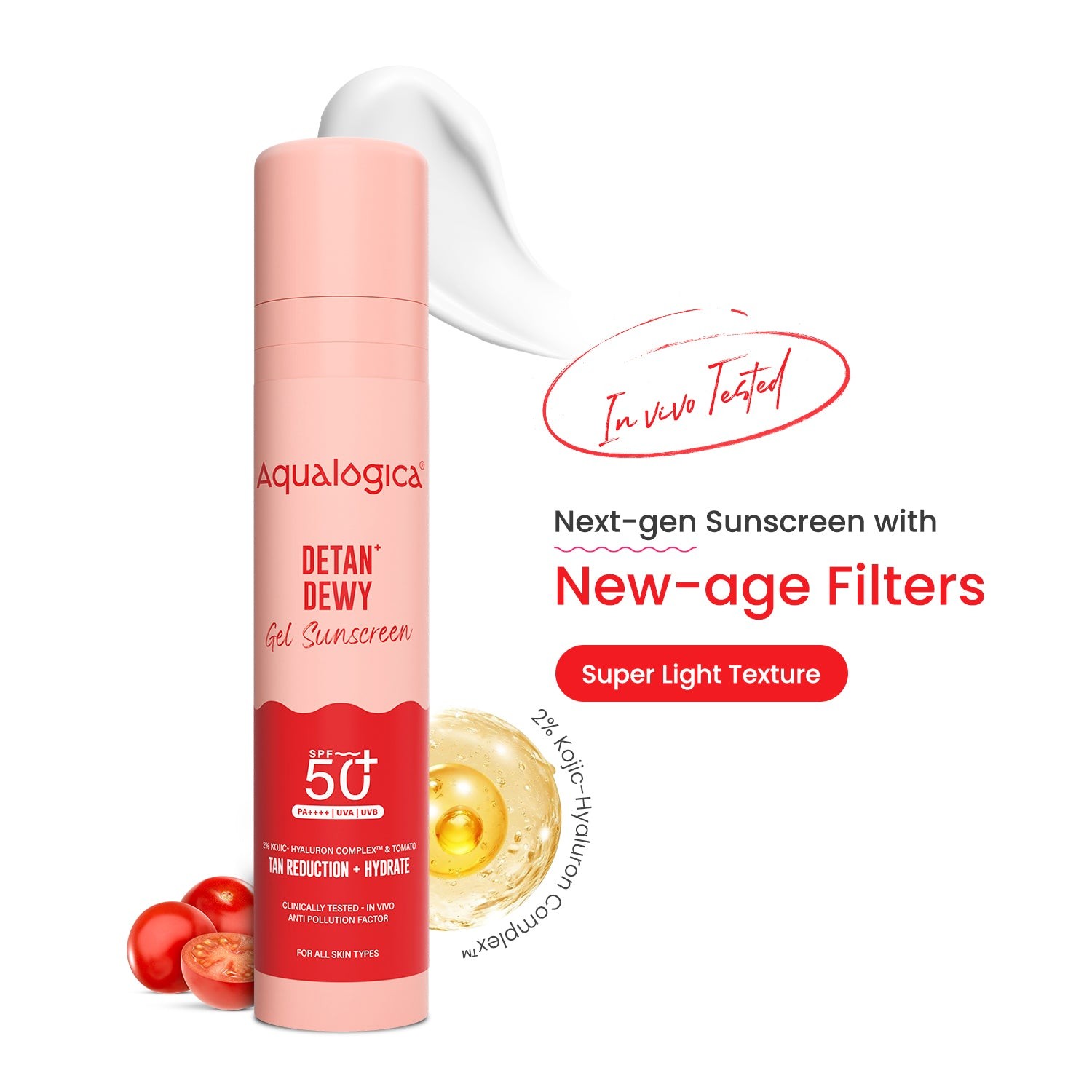Detan+ Dewy Gel Sunscreen SPF 50+ PA++++ with 2% Kojic-Hyaluron Complex™ & Wild Berries - 50 g