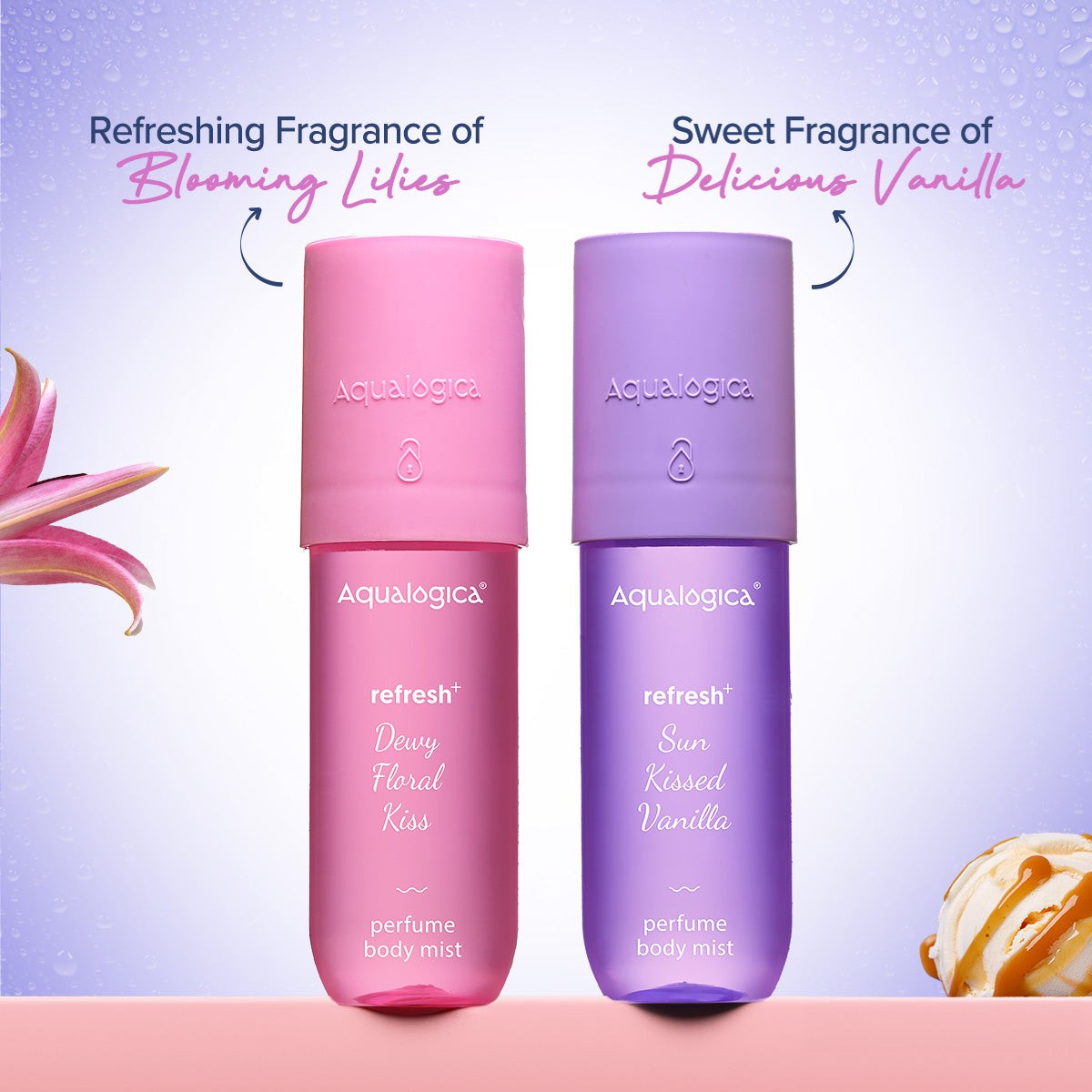 Aqualogica vanilla body mist is paired with soft floral fragrance


