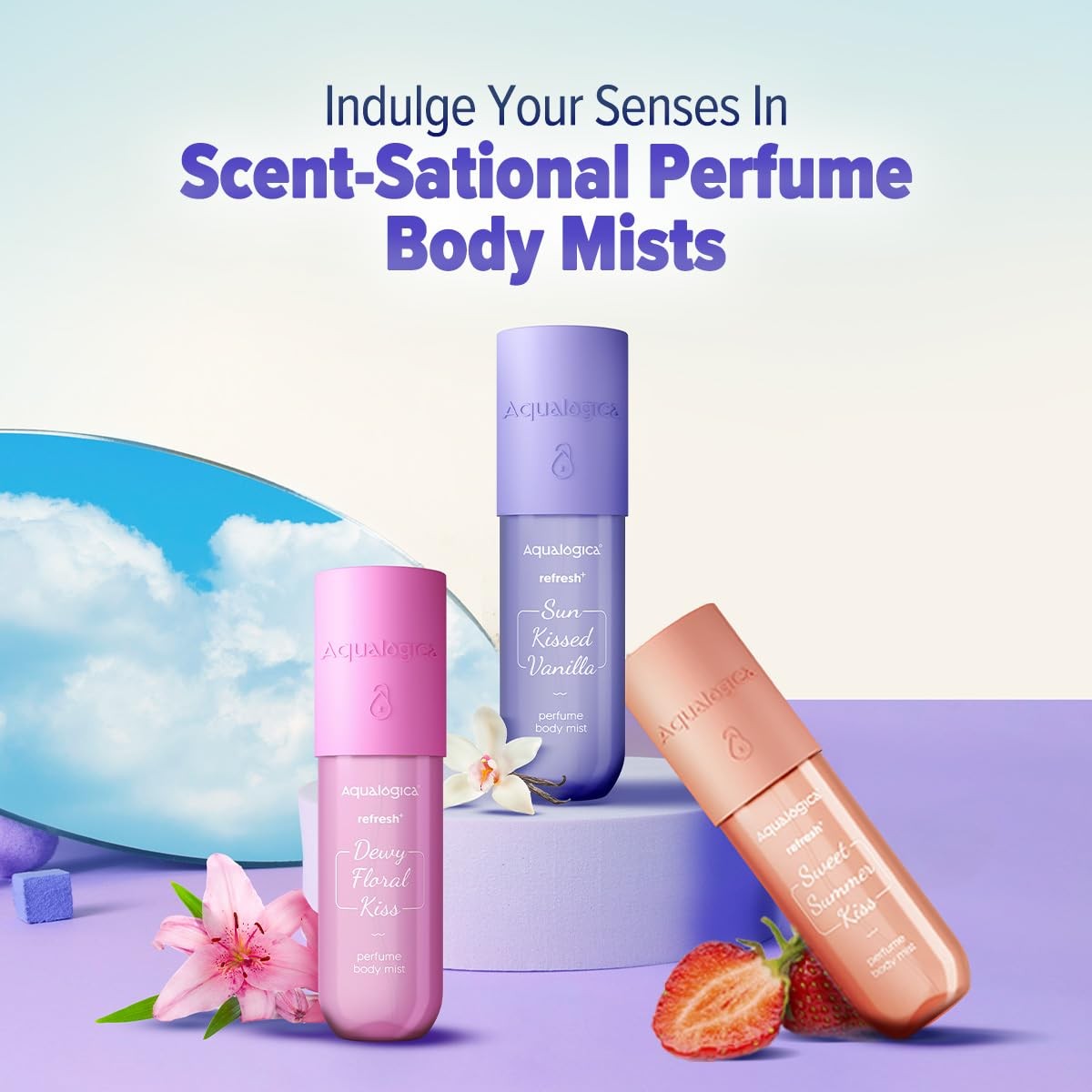 Aqualogica body mist trio with three colorful perfume variants
