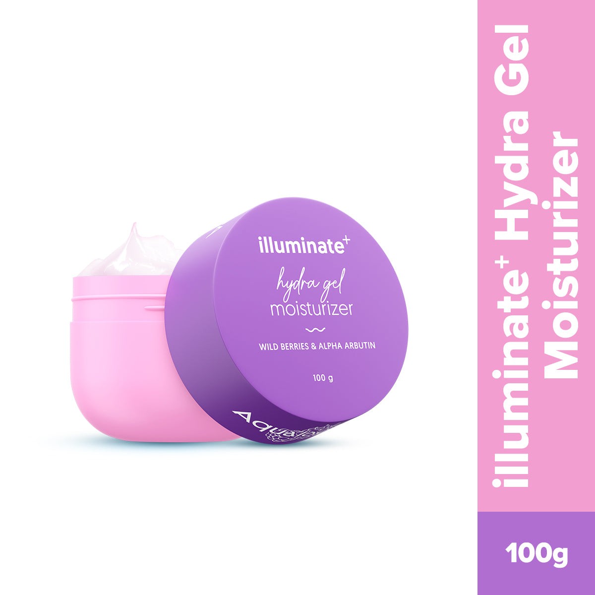 Aqualogica Illuminate Hydra Gel moisturizer jar with lavender gel texture