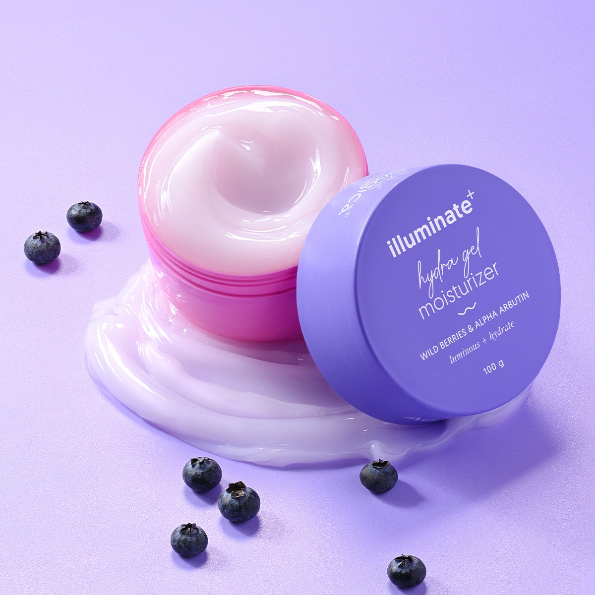 Aqualogica Illuminate Hydra Gel moisturizer jar with lavender gel texture