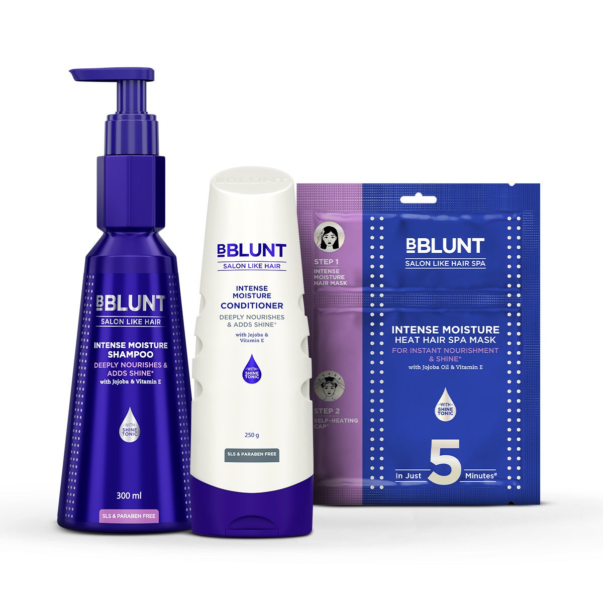 BBLUNT 3-Step Intense Moisture Combo (Intense Moisture Shampoo + Intense Moisture Conditioner + Intense Moisture Heat Hair Spa Mask)