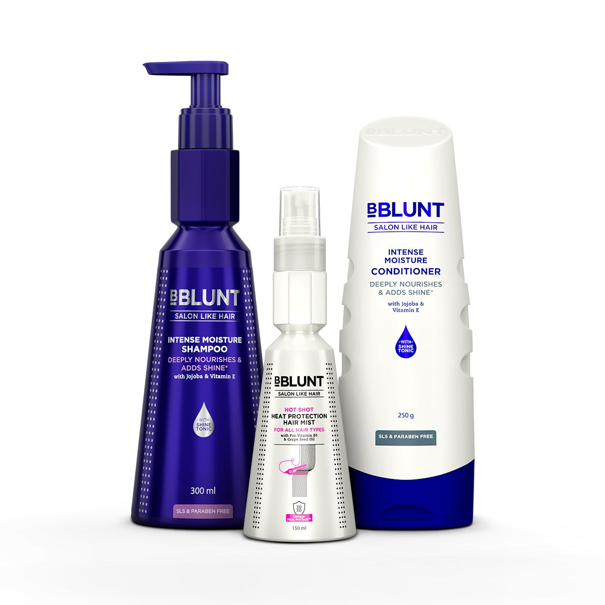 BBLUNT Hair Care & Styling Kit (Intense Moisture Shampoo, Intense Moisture Conditioner & Hot Shot Heat Protection Mist)